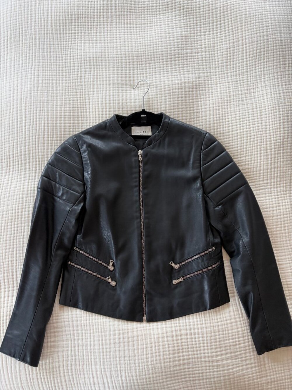 Sandro Paris Black Lamb Leather Moto Jacket Size 2 Quilted Shoulders